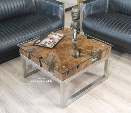 Small coffee table made from a tree root 80×80 cm Small square coffee table made from a tree root for small living rooms