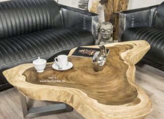 Kleiner Wohnzimmertisch aus Holz, Baumscheibe aus Suar, ca. 100 cm Kleiner Wohnzimmertisch aus Holz