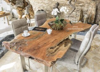 Massivholz Esstisch aus einem Baumstamm 200 cm aus Litschi Massivholz Esstisch aus einem Baumstamm