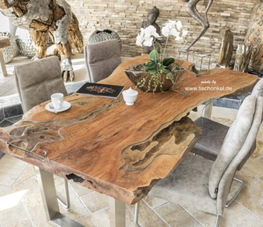 Massivholz Esstisch aus einem Baumstamm 200 cm aus Litschi Massivholz Esstisch aus einem Baumstamm