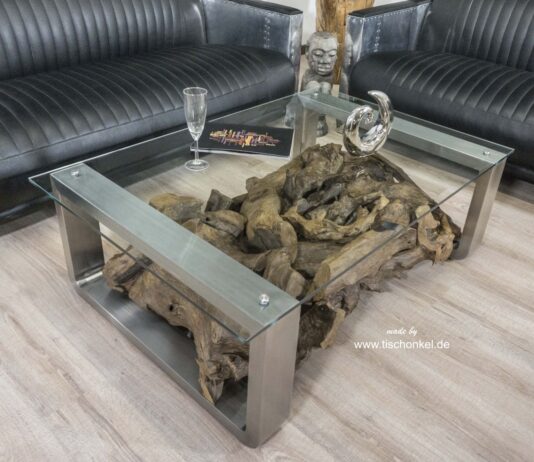Moderner Designer Couchtisch Moderner Designer Couchtisch aus Altholz mit Glasplatte