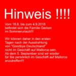 HINWEIS: Betriebsferien der Crew auf Mallorca vom 16.8. bis zum 4.9.2018