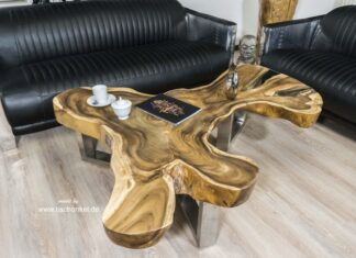 Wohnzimmertisch aus einer Baumscheibe Wohnzimmertisch aus einer Baumscheibe und einem edlen Tischgestell aus Edelstehl