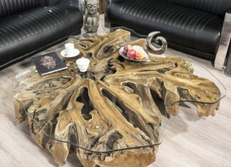 Baumwurzel Couchtisch mit 120 cm Durchmesser und mit Glasplatte Baumwurzel Couchtisch aus einer Teakholz Wurzel mit Glasplatte
