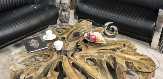 Baumwurzel Couchtisch mit 120 cm Durchmesser und mit Glasplatte Baumwurzel Couchtisch aus einer Teakholz Wurzel mit Glasplatte