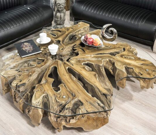 Baumwurzel Couchtisch mit 120 cm Durchmesser und mit Glasplatte Baumwurzel Couchtisch aus einer Teakholz Wurzel mit Glasplatte