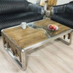 Designer Couchtisch aus Holz mit Edelstahl und Glas