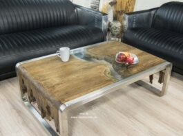 Designer Couchtisch aus Holz mit Edelstahl und Glas 120 x 80 cm Designer Couchtisch aus Holz mit Edelstahl und Glas