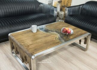 Designer Couchtisch aus Holz mit Edelstahl und Glas 120 x 80 cm Designer Couchtisch aus Holz mit Edelstahl und Glas