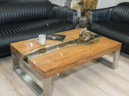 Eckiger Designer Wohnzimmertisch 120 x 80 cm aus Holz der Serie „Elements“ Eckiger Designer Wohnzimmertisch aus Holz mit Edelstahl und Glas