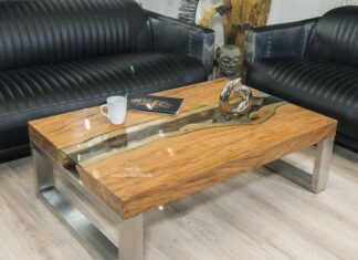 Eckiger Designer Wohnzimmertisch 120 x 80 cm aus Holz der Serie „Elements“ Eckiger Designer Wohnzimmertisch aus Holz mit Edelstahl und Glas