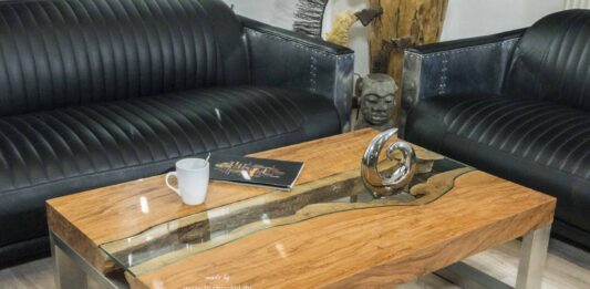 Eckiger Designer Wohnzimmertisch 120 x 80 cm aus Holz der Serie „Elements“ Eckiger Designer Wohnzimmertisch aus Holz mit Edelstahl und Glas