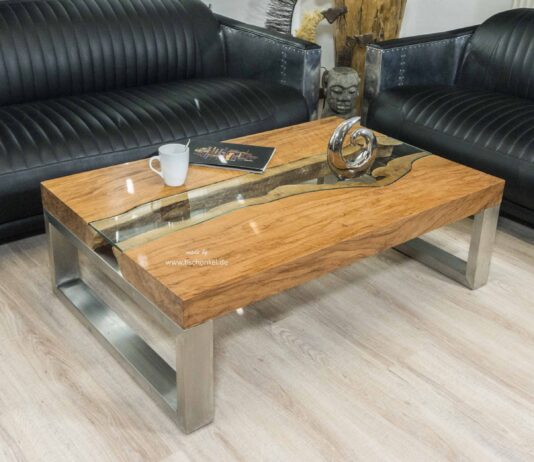 Eckiger Designer Wohnzimmertisch 120 x 80 cm aus Holz der Serie „Elements“ Eckiger Designer Wohnzimmertisch aus Holz mit Edelstahl und Glas