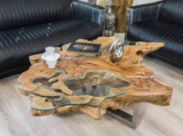 Designer Couchtische aus Baumscheiben mit Glasplatte Edle Designer Couchtische aus einem Baumstamm