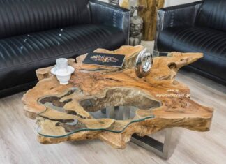 Designer Couchtische aus Baumscheiben mit Glasplatte Edle Designer Couchtische aus einem Baumstamm