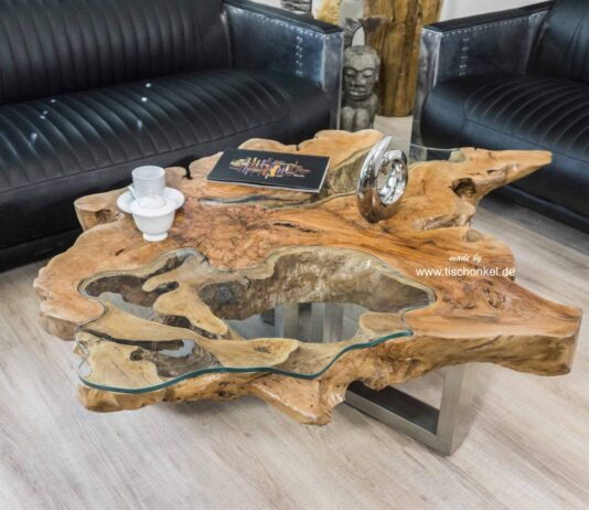 Designer Couchtische aus Baumscheiben mit Glasplatte Edle Designer Couchtische aus einem Baumstamm