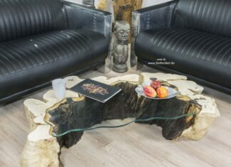 Einzelstück Couchtisch aus einem Baumstumpf halbrund mit Baumkante Einzelstück Couchtisch aus einem Baumstumpf halbrund mit Glasplatte
