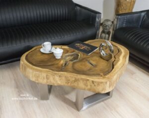 Natürlich runder Couchtisch aus Holz mit Glas und Edelstahl