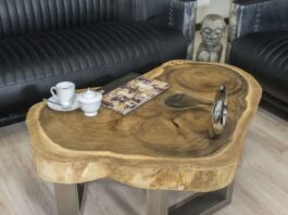 Table basse ronde en bois de tronc avec surface laquée Table basse ronde en bois de tronc