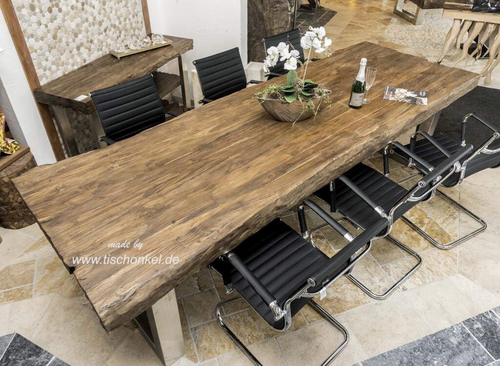 Esstisch für 8 Personen, 300 x 100 cm, aus recyceltem Teakholz Esstisch aus Holz mit Edelstahl