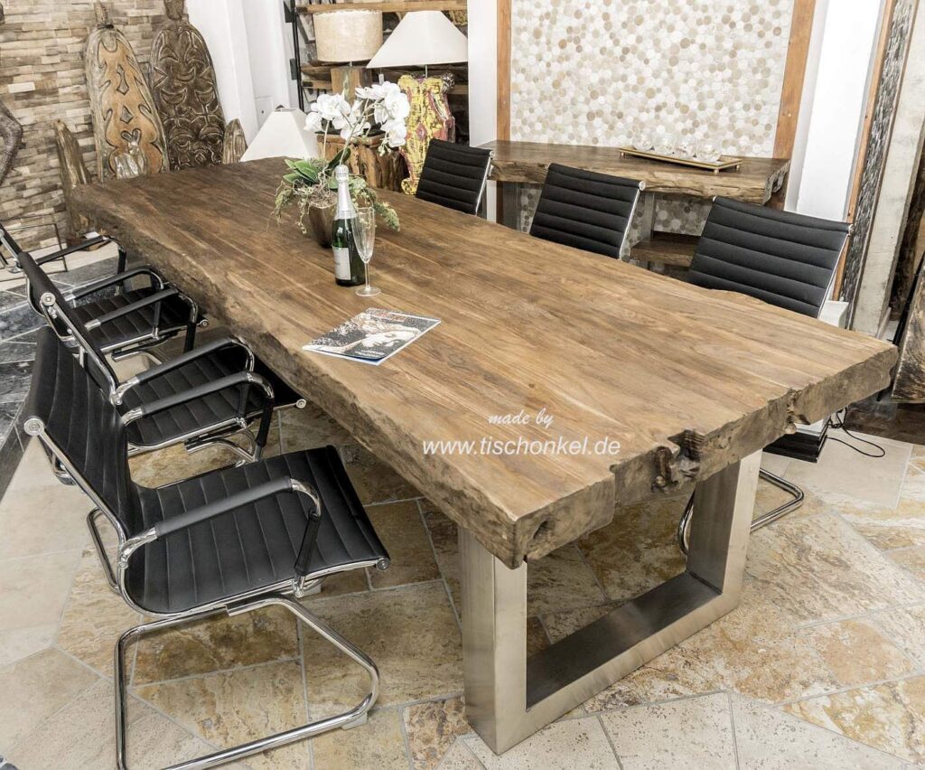 Esstisch für 8 Personen, 300 x 100 cm, aus recyceltem Teakholz Esszimmertisch mit massiver Tischplatte