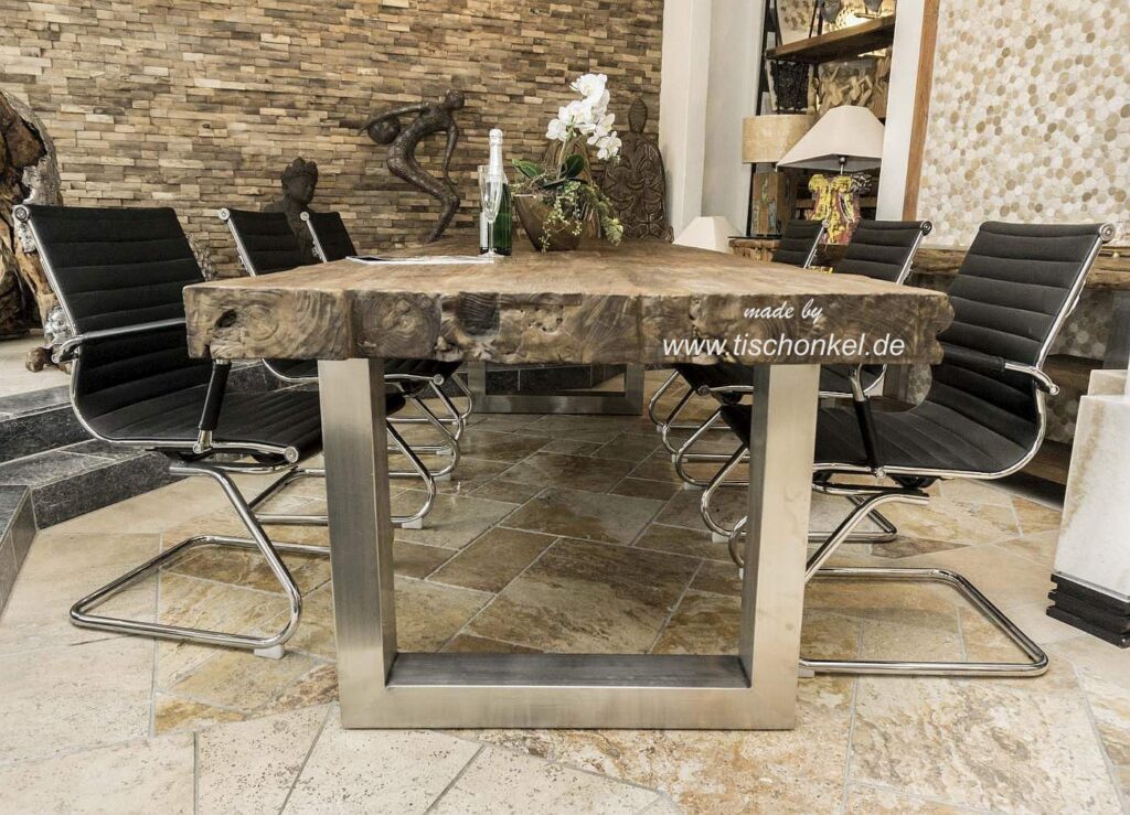 Esstisch für 8 Personen, 300 x 100 cm, aus recyceltem Teakholz Massive Tischplatte 10 cm stark