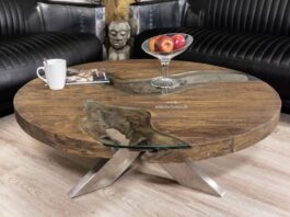 Runder Couchtisch aus Holz mit interessantem Design „Serie Eternia“ Runder Couchtisch aus Holz mit Glasplatte