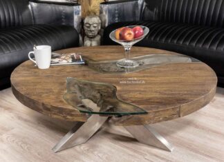 Runder Couchtisch aus Holz mit interessantem Design „Serie Eternia“ Runder Couchtisch aus Holz mit Glasplatte