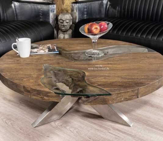 Runder Couchtisch aus Holz mit interessantem Design „Serie Eternia“ Runder Couchtisch aus Holz mit Glasplatte