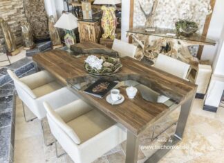 Design Esstisch aus Holz mit Edelstahl Toller Design Esstisch aus Holz mit Edelstahl