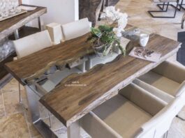 Massivholz Esstisch aus recyceltem Teakholz Massivholz-Esstisch aus recyceltem Teakholz