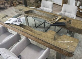 Konferenztisch Massivholz aus einem antiken Reismörser Konferenztisch Massivholz