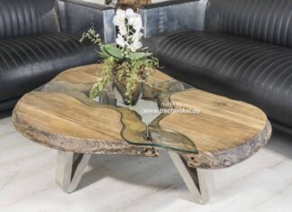 Teak Couchtisch auf stylischem Edelstahlgestell Teak Couchtisch auf Edelstahlgestell