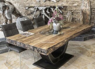 Massiver Echtholztisch im Format 200 x 100 cm mit Rohstahlgestell Massiver Echtholztisch