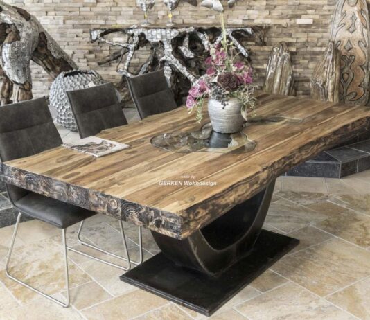 Massiver Echtholztisch im Format 200 x 100 cm mit Rohstahlgestell Massiver Echtholztisch