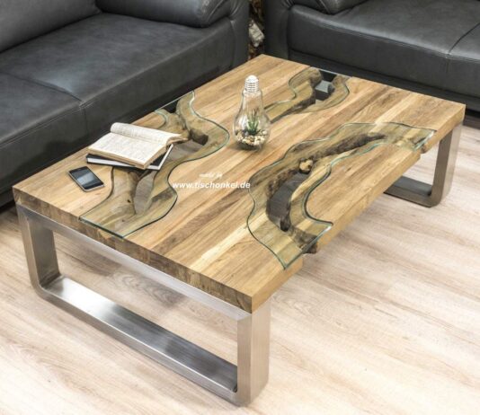 Wohnzimmertisch aus Holz mit Edelstahl Wohnzimmertisch aus Holz mit Edelstahl