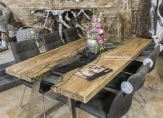 Design Esstisch der Serie Elements aus Holz mit einem Tischgestell aus Edelstahl Design Esstisch