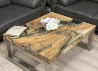 Couchtisch rechteckig aus Holz „Natural Landscape“ Moderner Couchtisch rechteckig aus massivem Holz mit Edelstahl