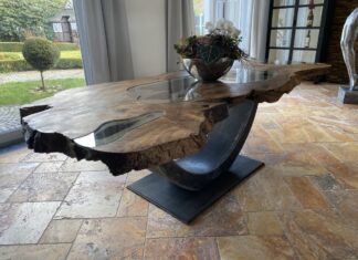 Massivholz Esstisch aus Wurzelholz mit Glas Massivholz Esstisch