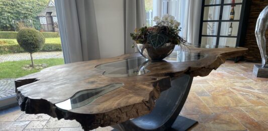 Solid wood dining table made of root wood with glass Solid wood dining table