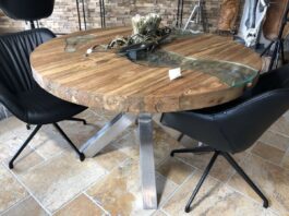 Buy round dining tables made of solid wood online Dining table with stainless steel from the series Elements