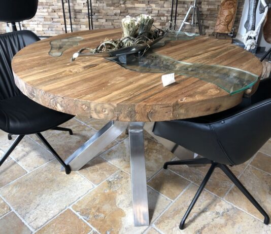 Buy round dining tables made of solid wood online Dining table with stainless steel from the series Elements