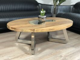 Ovaler Couchtisch aus Massivholz mit Edelstahl Ovaler Couchtisch