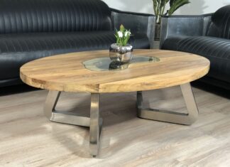 Ovaler Couchtisch aus Massivholz mit Edelstahl Ovaler Couchtisch