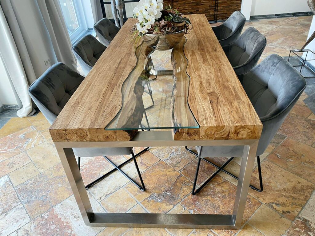 Esszimmertisch aus Teakholz 250 cm "Elements" Edler Esstisch mit Glas