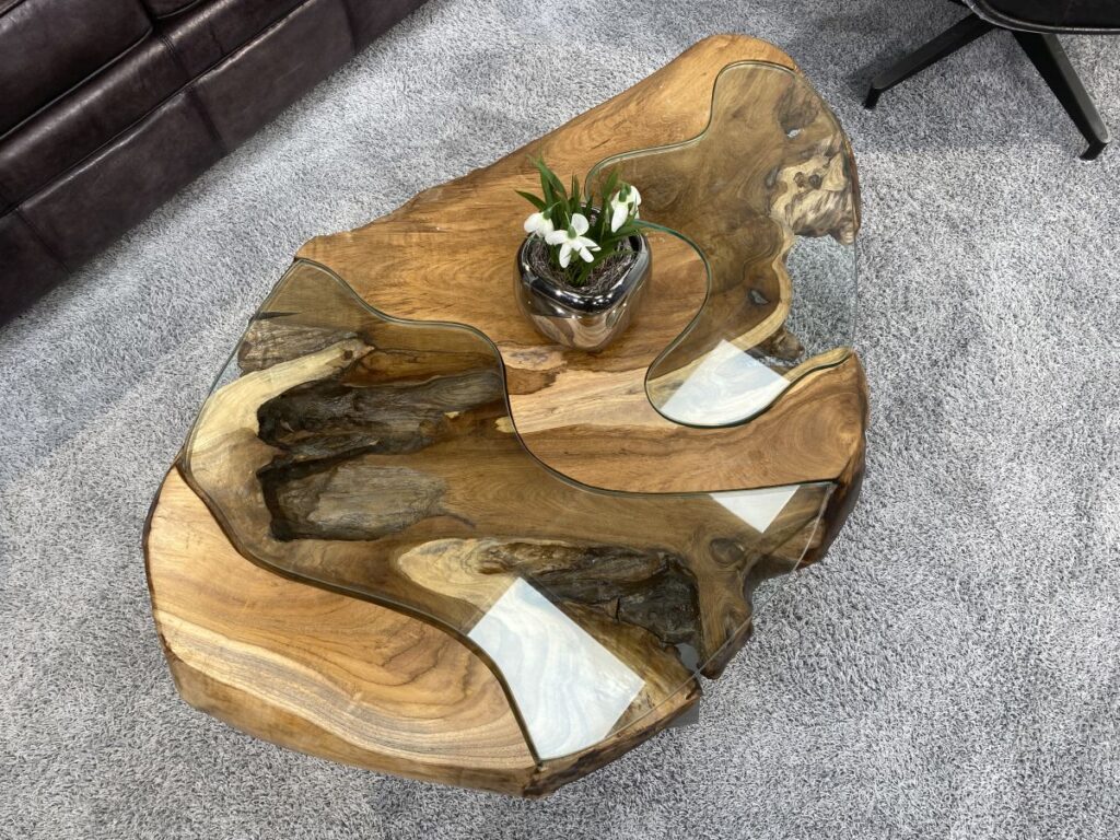 Couchtisch rund aus Holz LAKESIDE ca. 100 cm Couchtisch aus Holz mit Glas