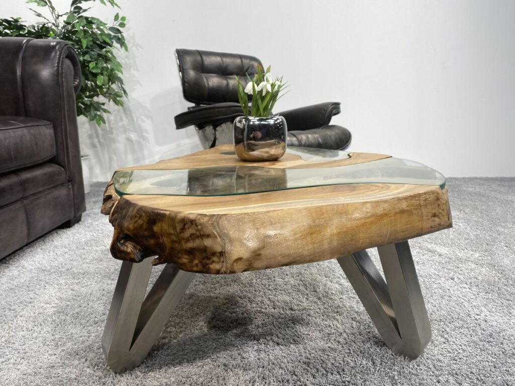 Couchtisch rund aus Holz LAKESIDE ca. 100 cm Couchtisch aus Holz mit Tischgestell aus Edelstahl