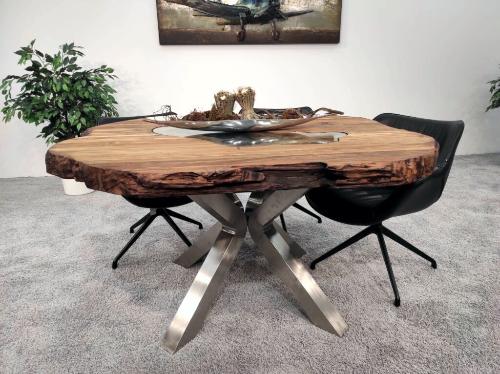 Esstisch rund "Eternia" aus Holz Esszimmertisch mit Edelstahlgestell in Kreuzform