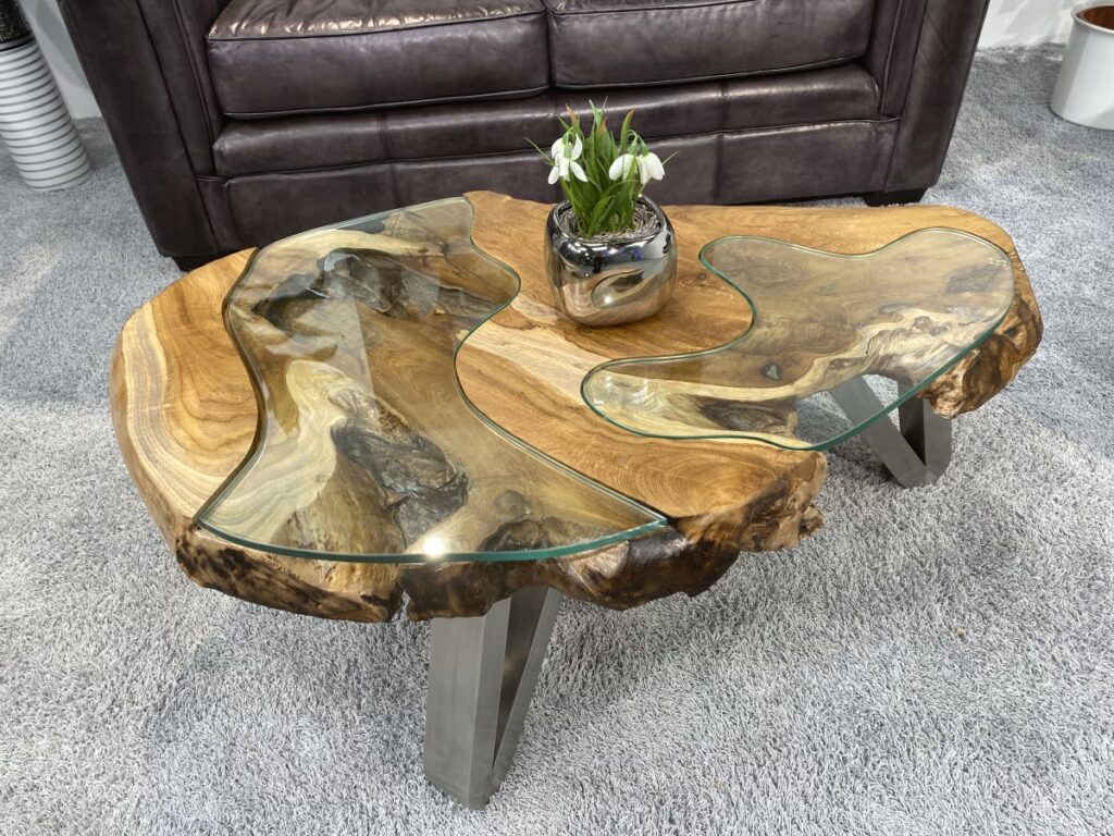 Couchtisch rund aus Holz LAKESIDE ca. 100 cm Holz Couchtisch mit Glass und Edelstahl