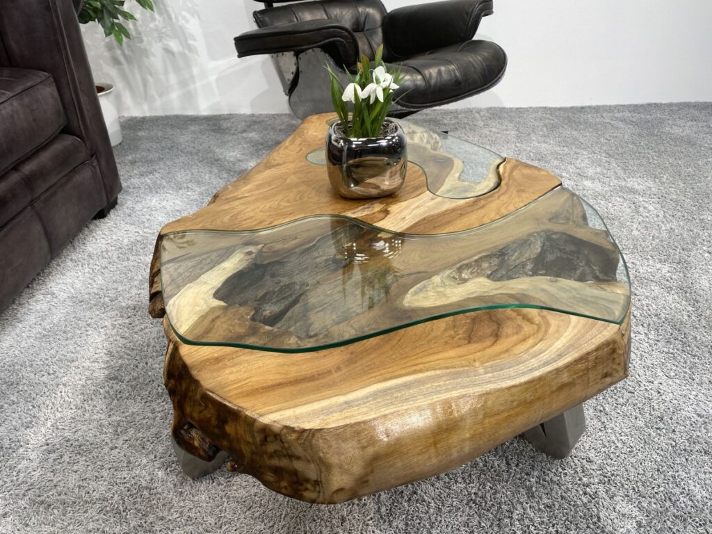 Couchtisch rund aus Holz LAKESIDE ca. 100 cm Holzstruktur für Couchtisch aus Wurzelholz